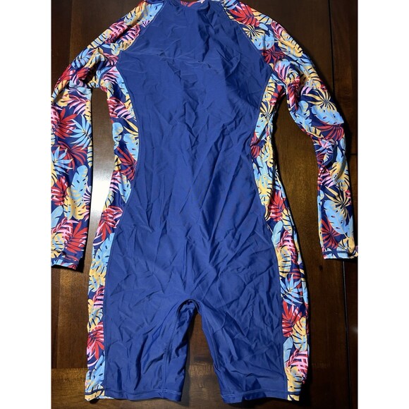 Halcurt Women’s Rash Guard One Piece Swimsuit L Navy Leaves UPF 50+ Built-In Bra - Picture 4 of 14